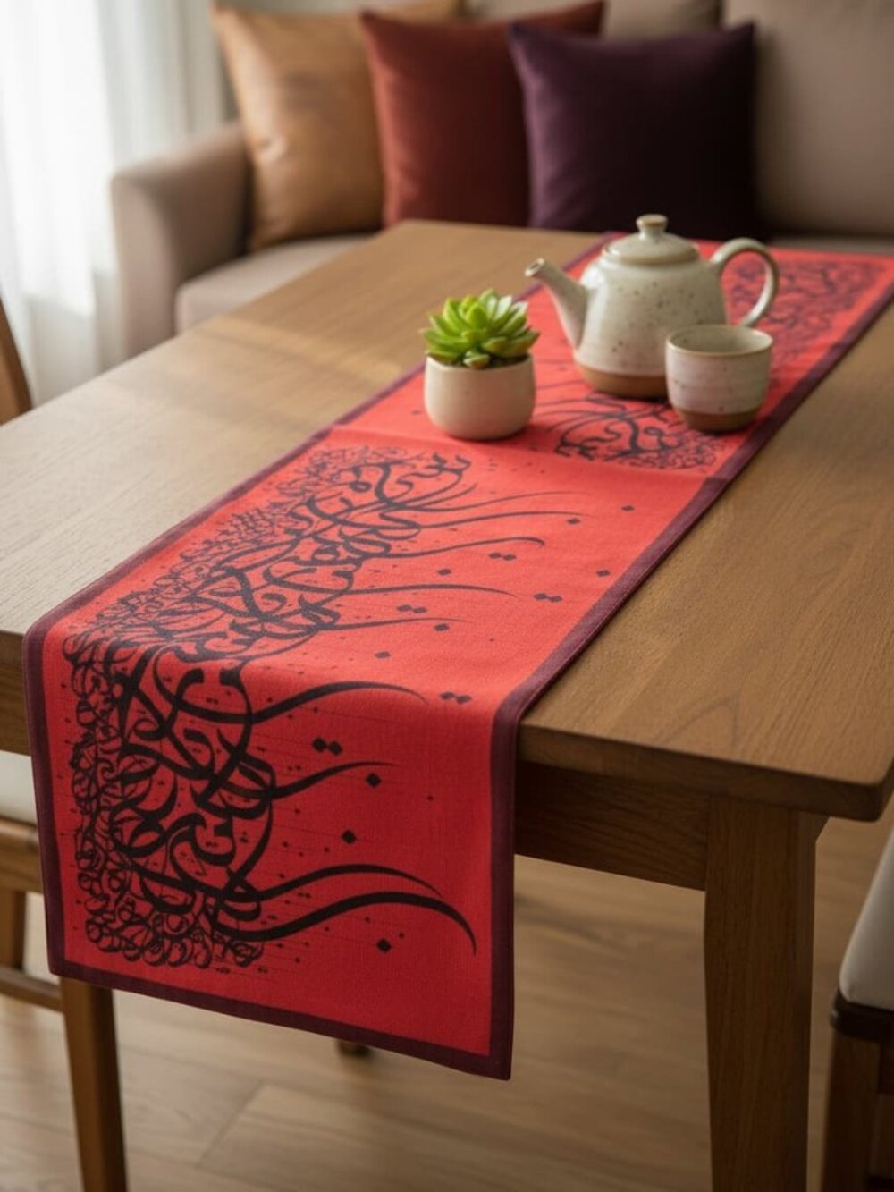 Red Velvet Table Runner with Black Persian Calligraphy